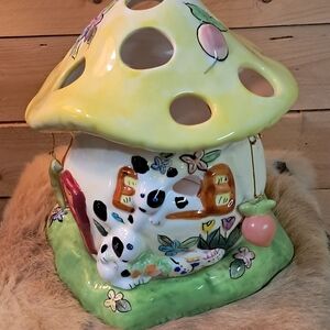 Whimsical Ceramic Mushroom House Candle Holder
